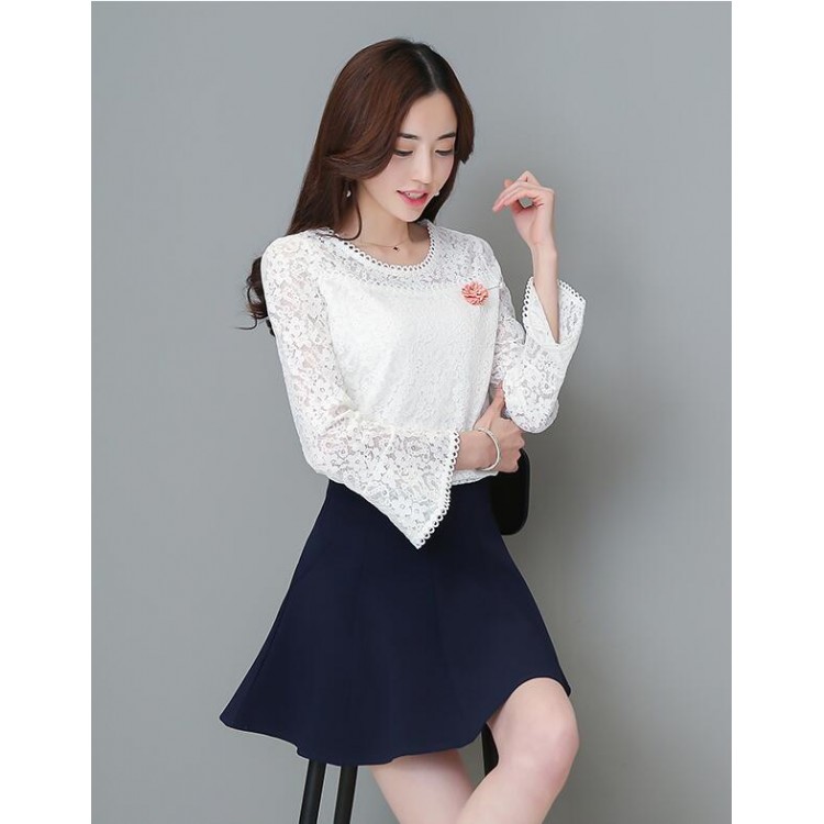 TE8706XBFS Nuovo stile top in pizzo con maniche a tromba e gonna in vita impero-3