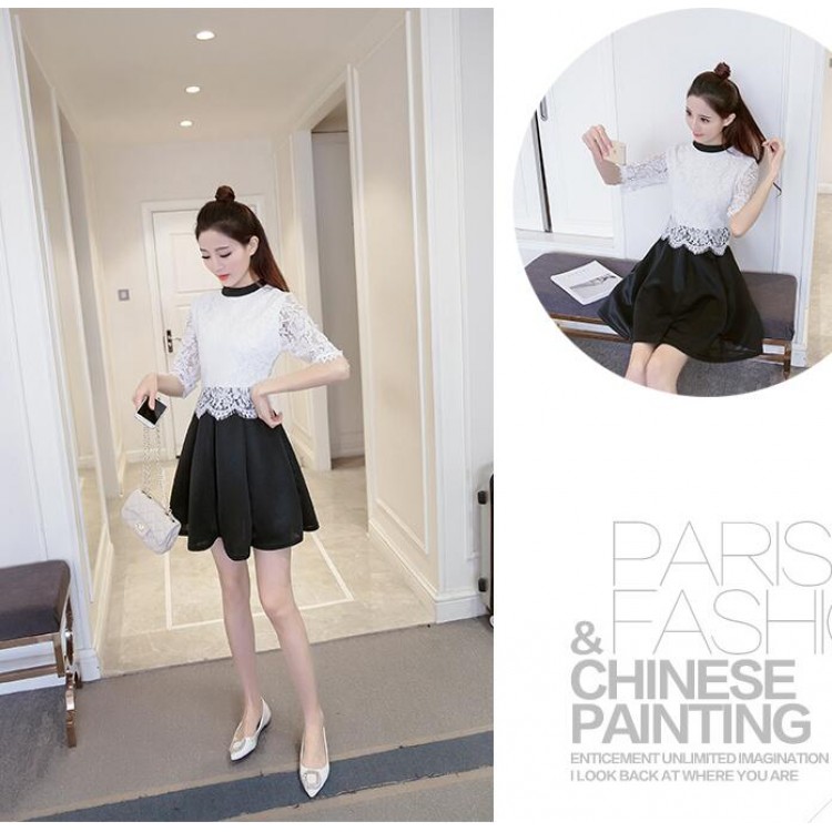 TE8710XBFS Abito finto in due pezzi con giunture in pizzo di nuovo stile-1