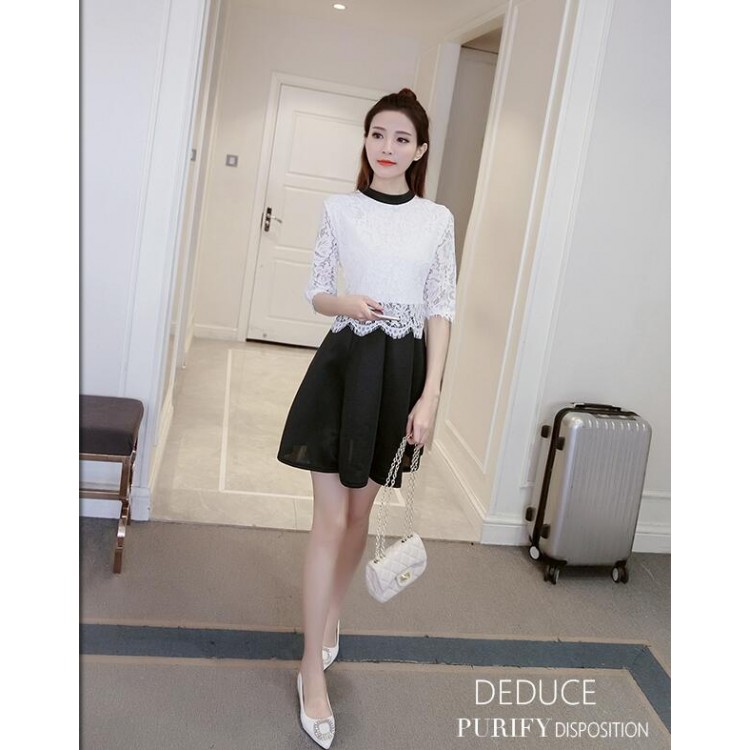 TE8710XBFS Abito finto in due pezzi con giunture in pizzo di nuovo stile-2