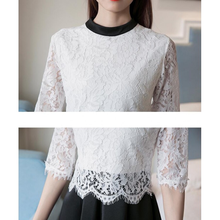 TE8710XBFS Abito finto in due pezzi con giunture in pizzo di nuovo stile-3