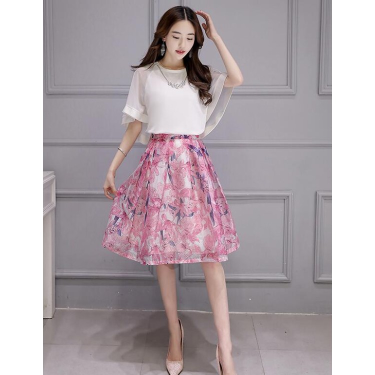 TE8730JXM Top temperamento con maniche a pipistrello e gonna in organza stampata-1