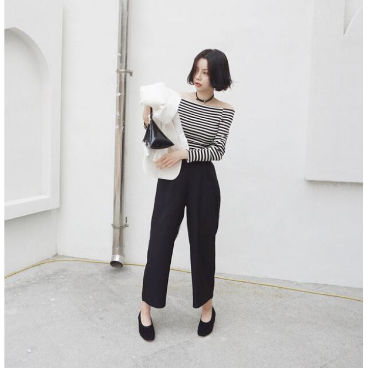 TE8804MQFS T-shirt manica lunga a righe con scollo a barchetta-2