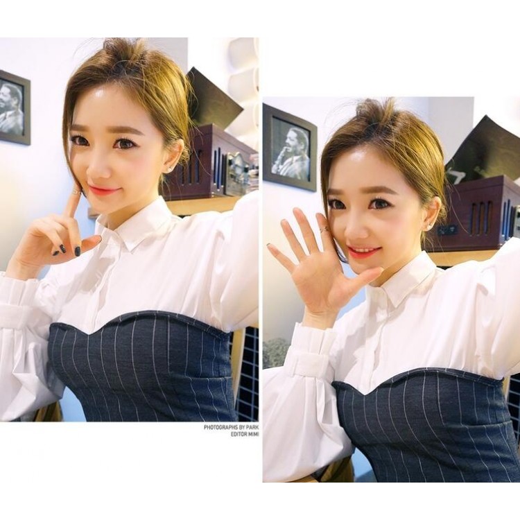 TE8813MQFS Camicia coreana con maniche a sbuffo e risvolto e abito a tubino a righe-1