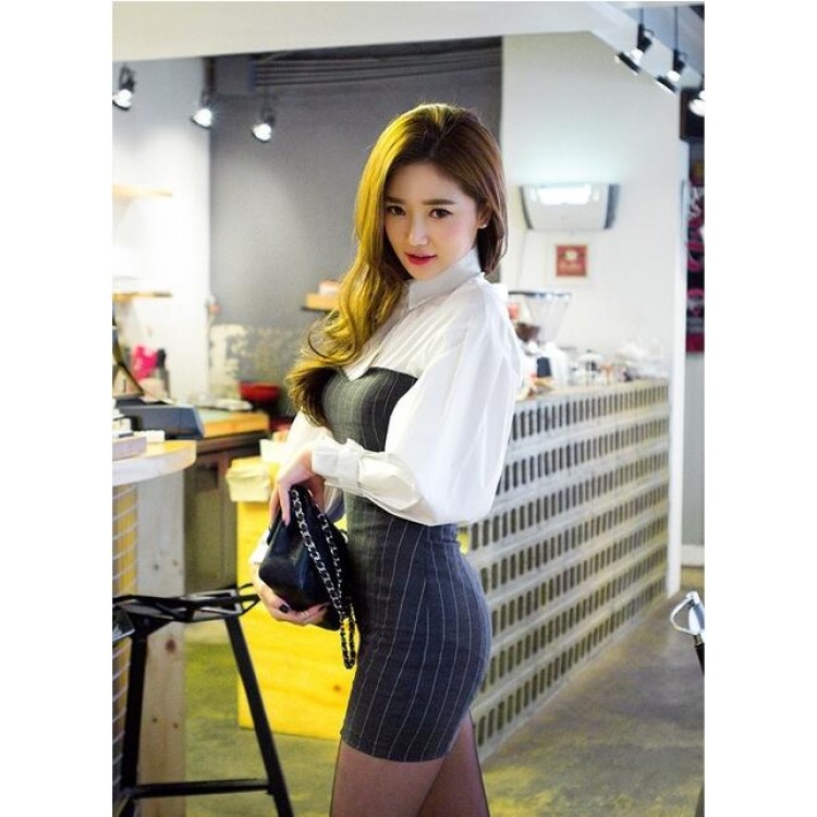 TE8813MQFS Camicia coreana con maniche a sbuffo e risvolto e abito a tubino a righe-2