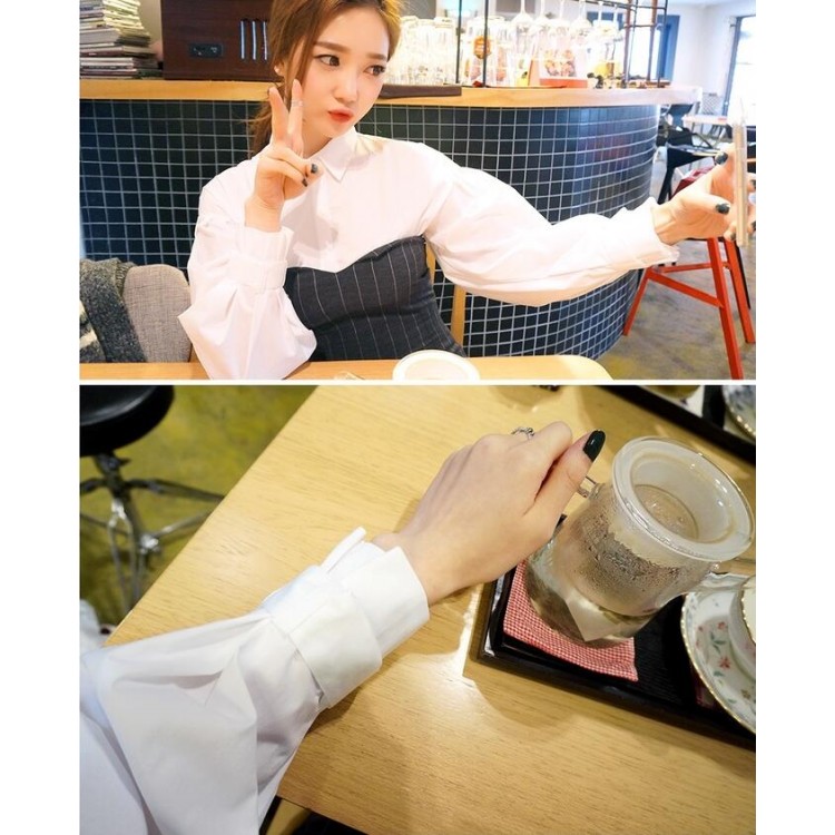 TE8813MQFS Camicia coreana con maniche a sbuffo e risvolto e abito a tubino a righe-3