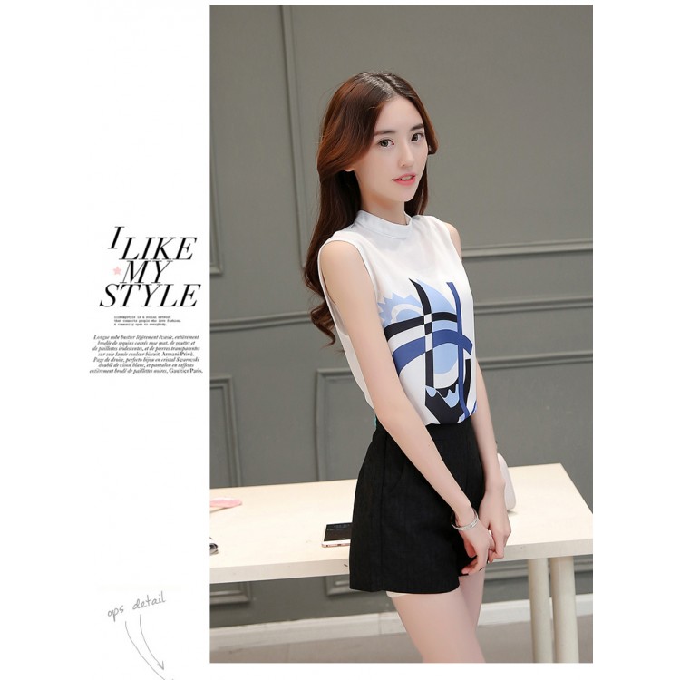 TE8816JDYJ Canottiere in chiffon con stampa temperamento alla moda coreana con pantaloncini a vita impero-2