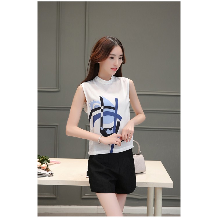 TE8816JDYJ Canottiere in chiffon con stampa temperamento alla moda coreana con pantaloncini a vita impero-3