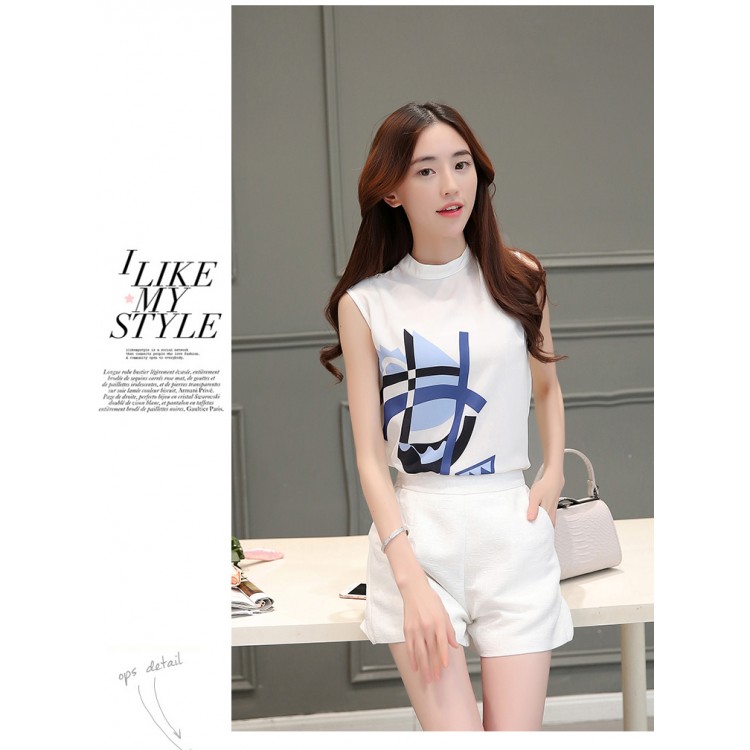 TE8816JDYJ Canottiere in chiffon con stampa temperamento alla moda coreana con pantaloncini a vita impero-5