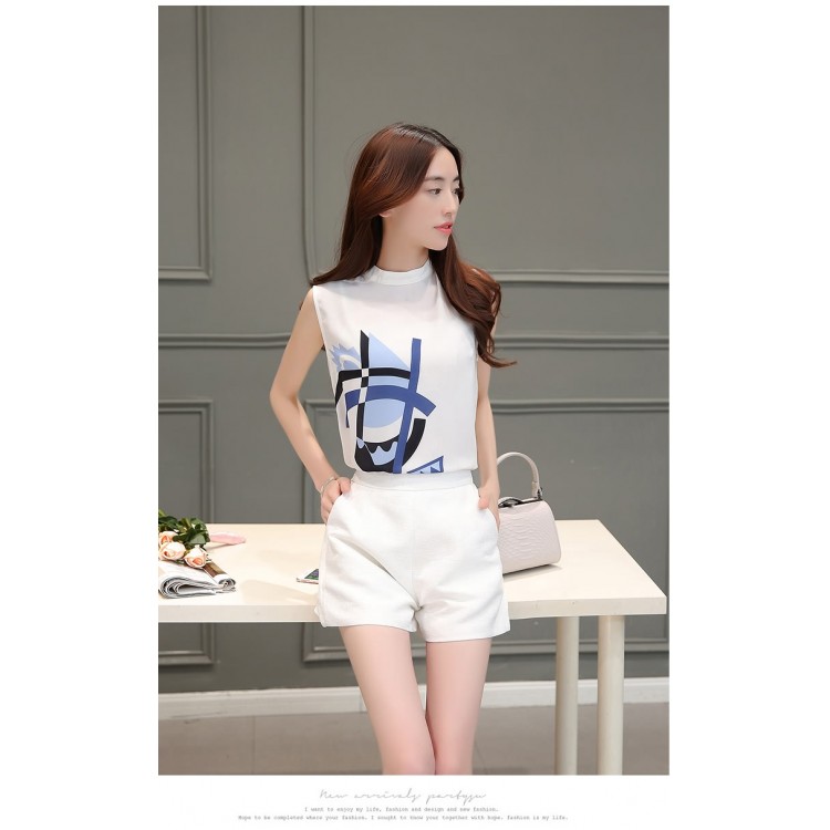 TE8816JDYJ Canottiere in chiffon con stampa temperamento alla moda coreana con pantaloncini a vita impero-6