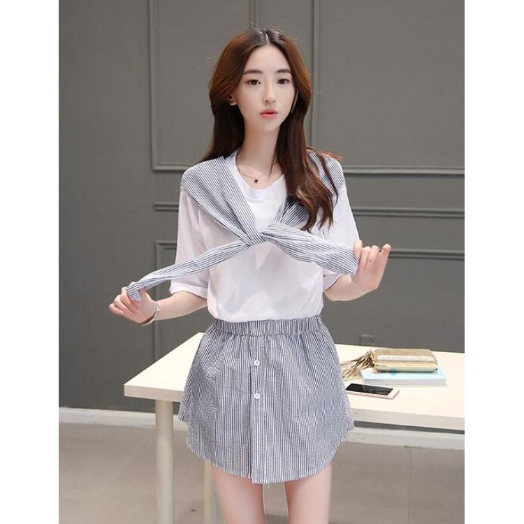 TE8820JDYJ Moda coreana a strisce che intrecciano top con fiocco e gonna pantalone-1