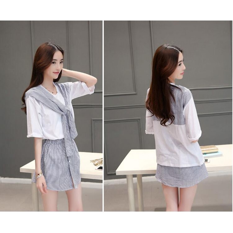 TE8820JDYJ Moda coreana a strisce che intrecciano top con fiocco e gonna pantalone-2