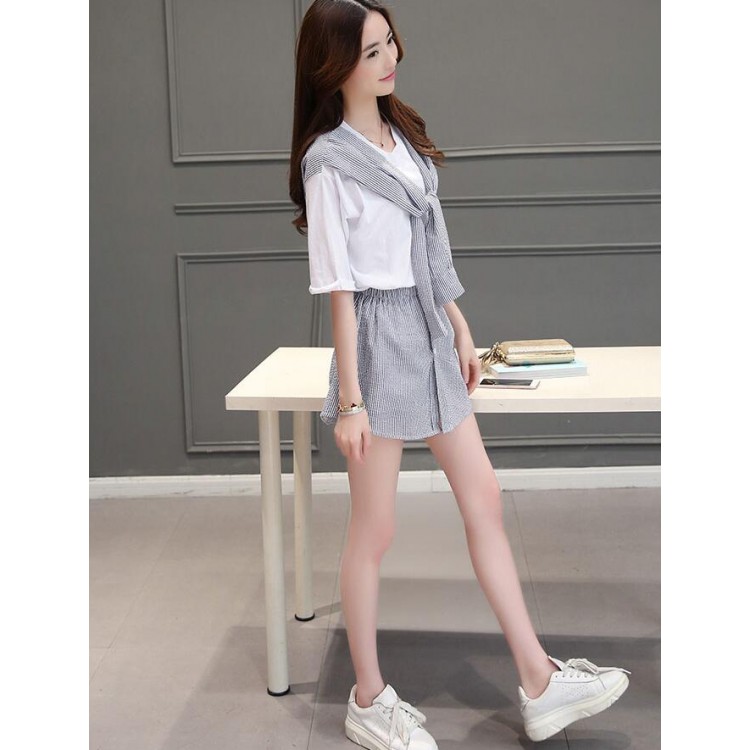TE8820JDYJ Moda coreana a strisce che intrecciano top con fiocco e gonna pantalone-5