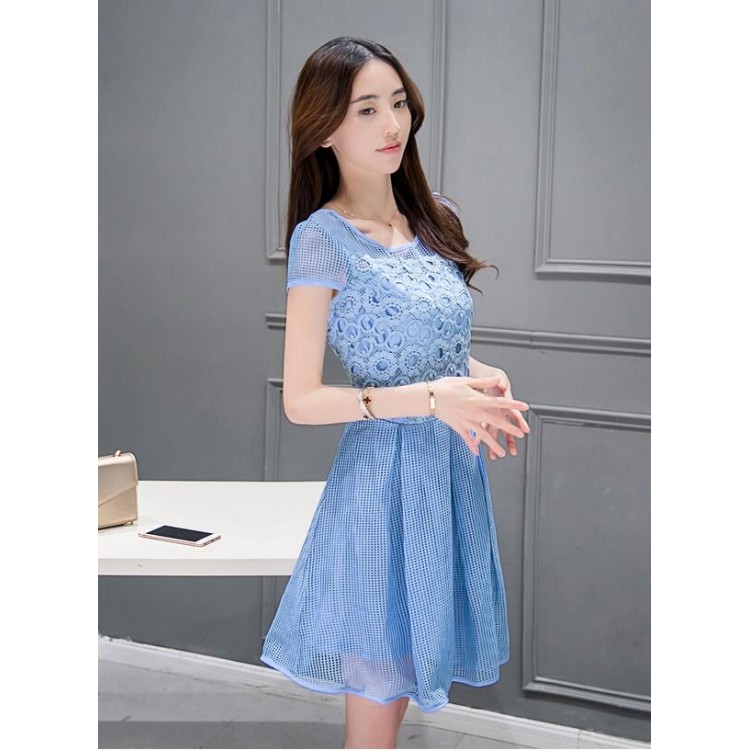 TE8823DDLY Abito a maniche corte in vita stile impero dolce in pizzo nuovo stile-7