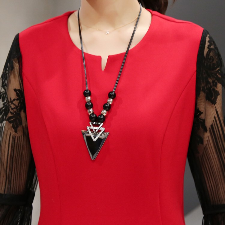 TE8835YZX Abito slim con maniche granata alla moda primaverile-3