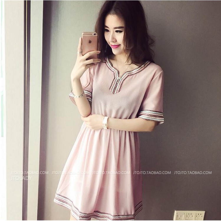 TE8891HYJ Abito taglie forti con ricamo stile nazionale e scollo a V in vita slim-2