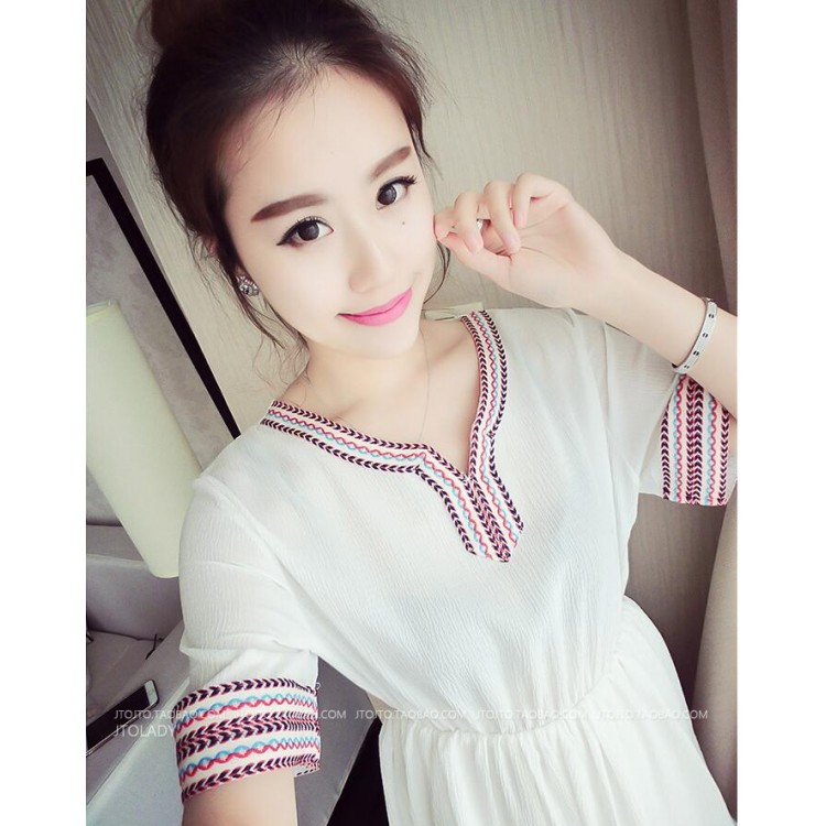 TE8891HYJ Abito taglie forti con ricamo stile nazionale e scollo a V in vita slim-5