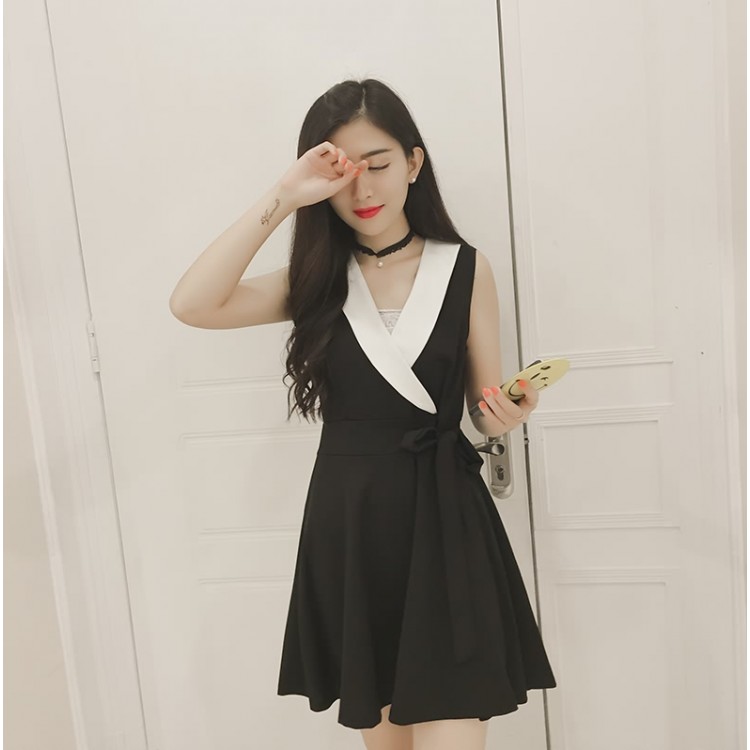 TE8896YGFS Abito coreano con fiocco in vita sottile, senza maniche, scollo a V, colore abbinato-1