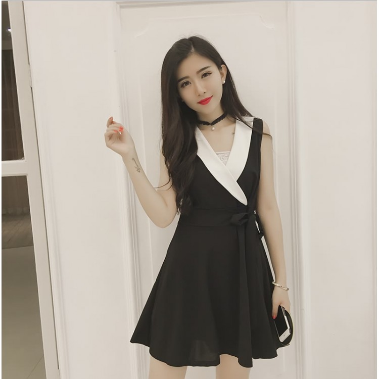 TE8896YGFS Abito coreano con fiocco in vita sottile, senza maniche, scollo a V, colore abbinato-2