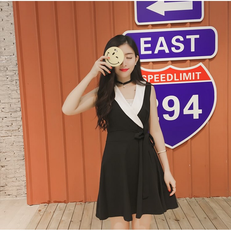 TE8896YGFS Abito coreano con fiocco in vita sottile, senza maniche, scollo a V, colore abbinato-3