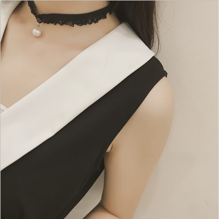 TE8896YGFS Abito coreano con fiocco in vita sottile, senza maniche, scollo a V, colore abbinato-7