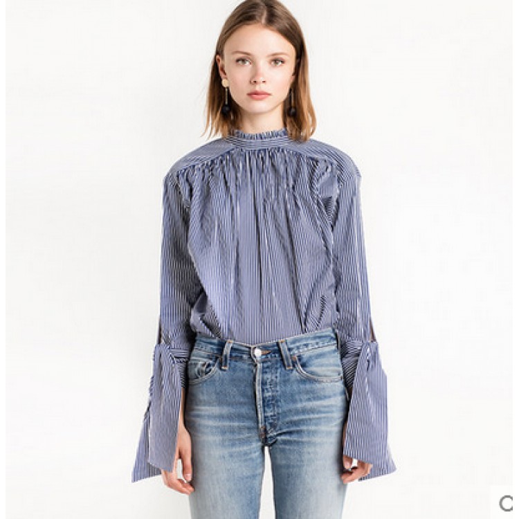 TE8976HRCL Camicia a righe larghe con maniche allacciate alla moda Euramerica-4