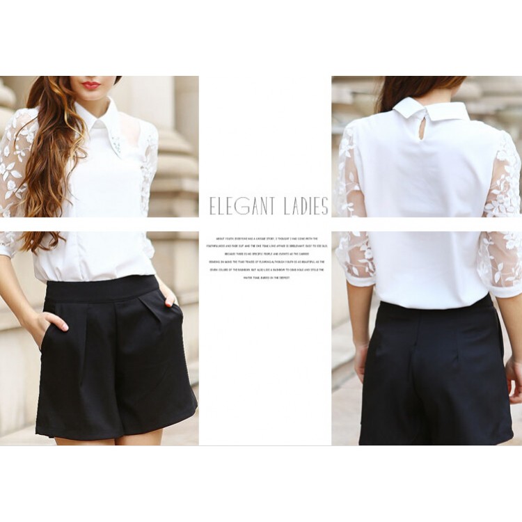 TE9012MH Camicia in chiffon con perline ricamate in organza e pantaloncini a gamba ampia-3