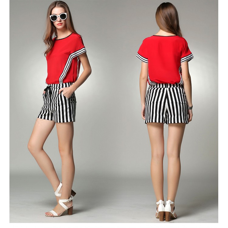 TE9060MH Camicia in chiffon a righe alla moda europea con pantaloncini in due pezzi-4