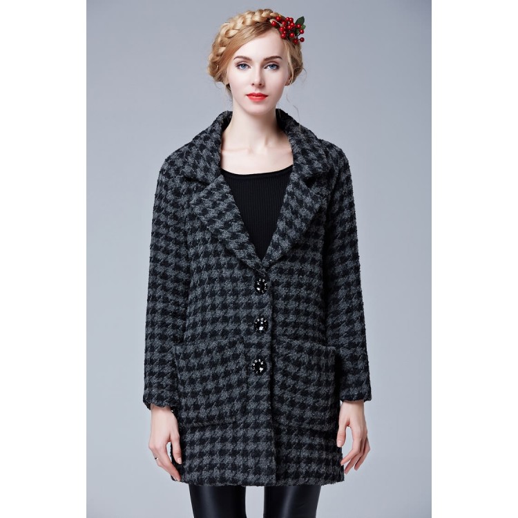 TE9088LLYG Cappotto in lana con tasche tre bottoni pied de poule-1