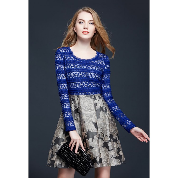 TE9092LLYG Elegante abito in tessuto jacquard con impunture sul top in pizzo-4