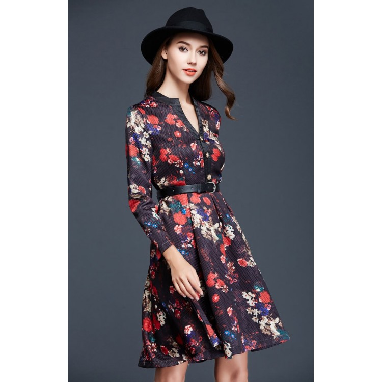 TE9093LLYG Abito con scollo a V e maniche lunghe in trama jacquard con stampa vintage-1