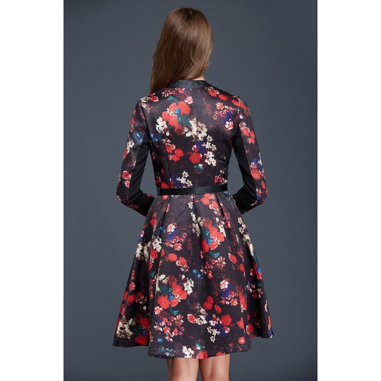 TE9093LLYG Abito con scollo a V e maniche lunghe in trama jacquard con stampa vintage-4