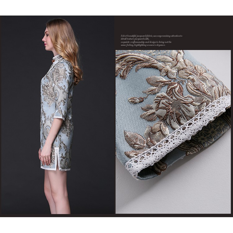 TE9097LLYG Abito cheongsam con spacco e colletto rialzato in tessuto jacquard vintage-1