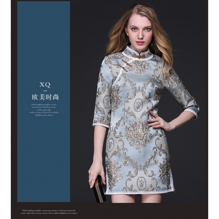 TE9097LLYG Abito cheongsam con spacco e colletto rialzato in tessuto jacquard vintage-2