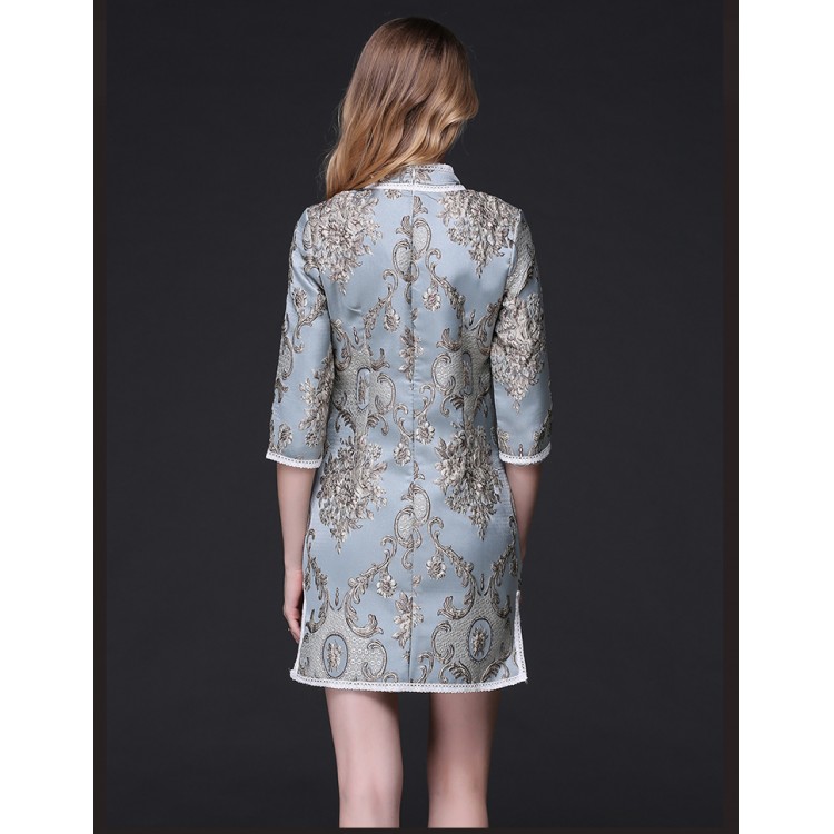 TE9097LLYG Abito cheongsam con spacco e colletto rialzato in tessuto jacquard vintage-3