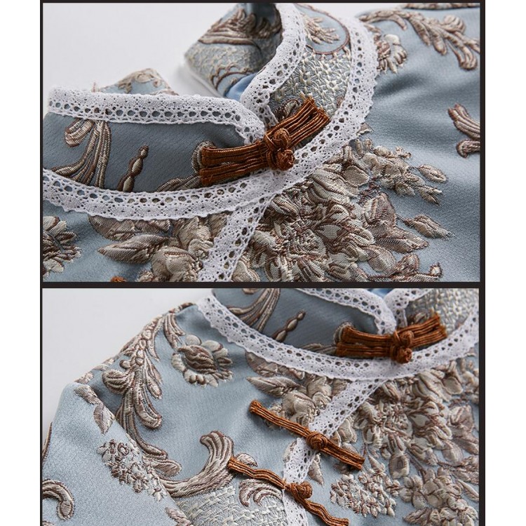 TE9097LLYG Abito cheongsam con spacco e colletto rialzato in tessuto jacquard vintage-4