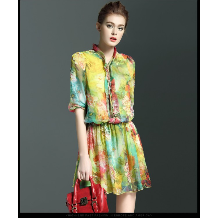 TE9106LLYG Elegante abito con colletto rialzato dal temperamento bouffant con stampa in seta-2