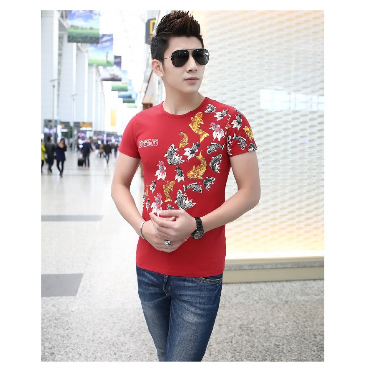 TE9123KDF T-shirt da uomo con motivo ciprinidi con personalità in stile cinese-1