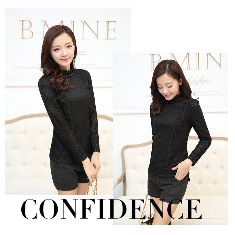 TE916TSBL Camicia con rinforzo rinforzato sulle maniche in pizzo a collo alto-4