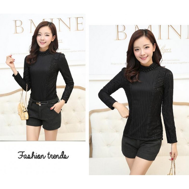 TE916TSBL Camicia con rinforzo rinforzato sulle maniche in pizzo a collo alto-5