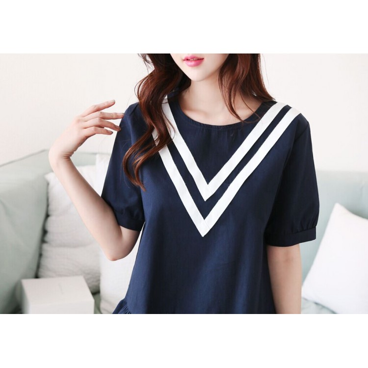 TE1544YJWL Abito color contract con collo tondo a righe a V in stile preppy-1