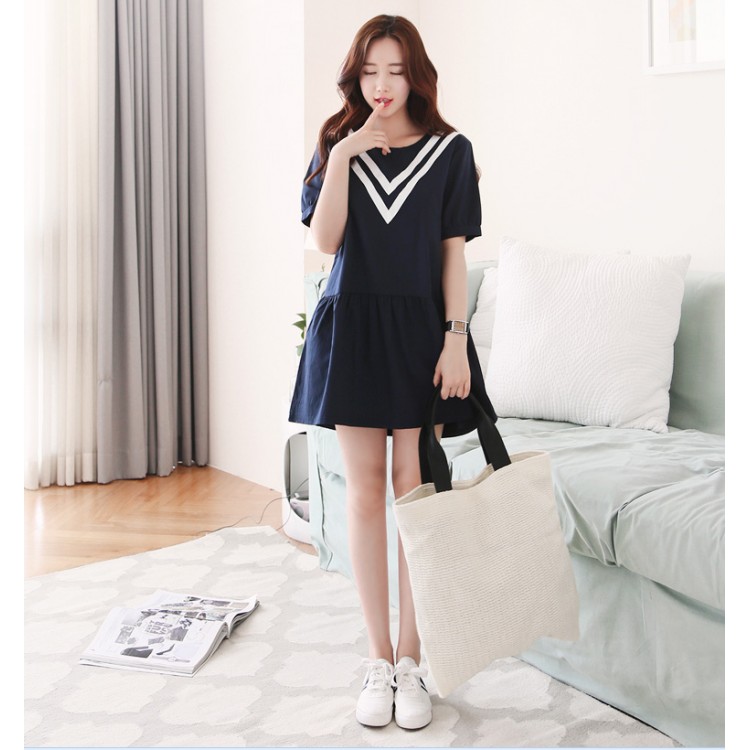 TE1544YJWL Abito color contract con collo tondo a righe a V in stile preppy-2