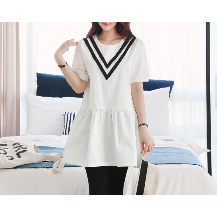 TE1544YJWL Abito color contract con collo tondo a righe a V in stile preppy-4