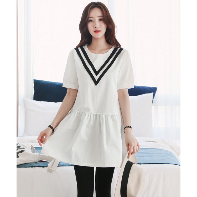 TE1544YJWL Abito color contract con collo tondo a righe a V in stile preppy-5