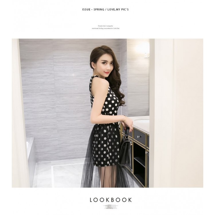 TE9273WMSS Top sexy da club con taglio alla caviglia, spalle scoperte e gonna a pois in rete trasparente-2