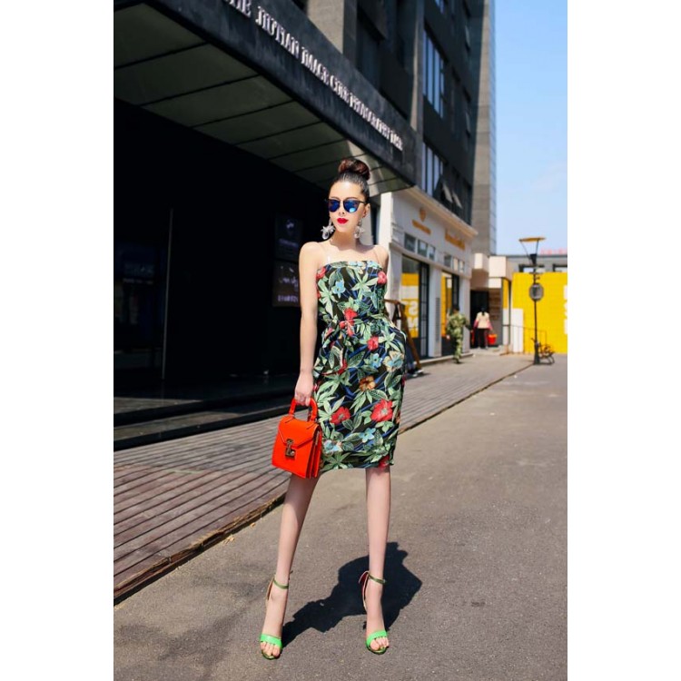 TE9292YBF Abito top a tubino in vita slim con stampa fiori-5