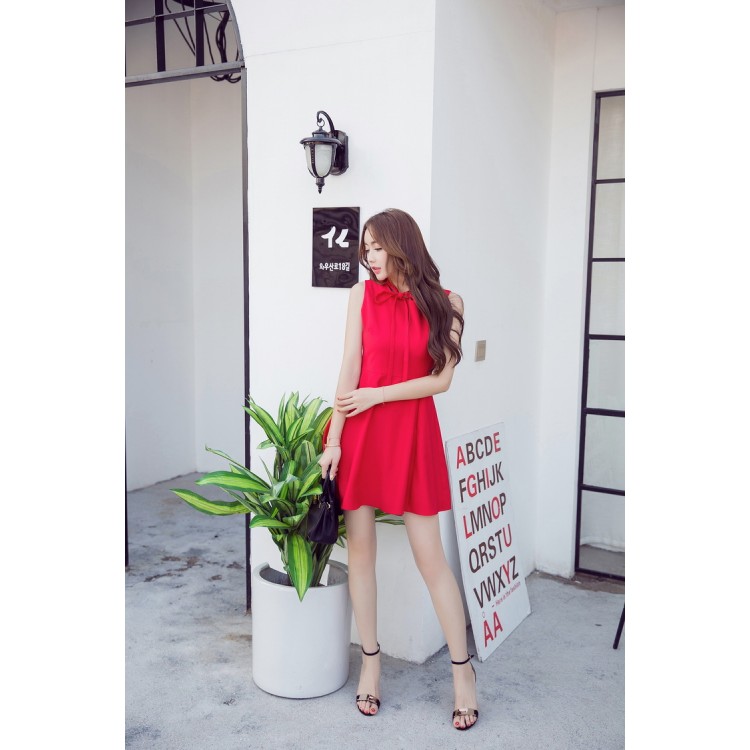 TE9312WMSS Abito slim a trapezio senza maniche con fiocco-2