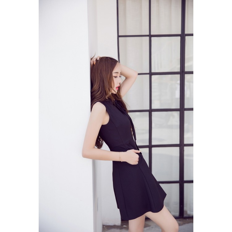 TE9312WMSS Abito slim a trapezio senza maniche con fiocco-8