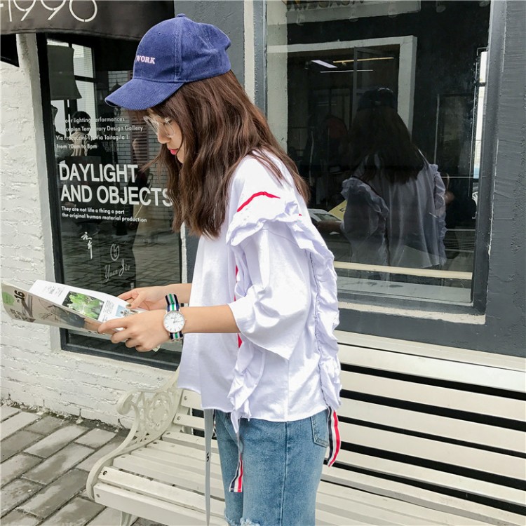 TE9357HLL T-shirt alla moda coreana con balze, collo rotondo e mezza manica-1