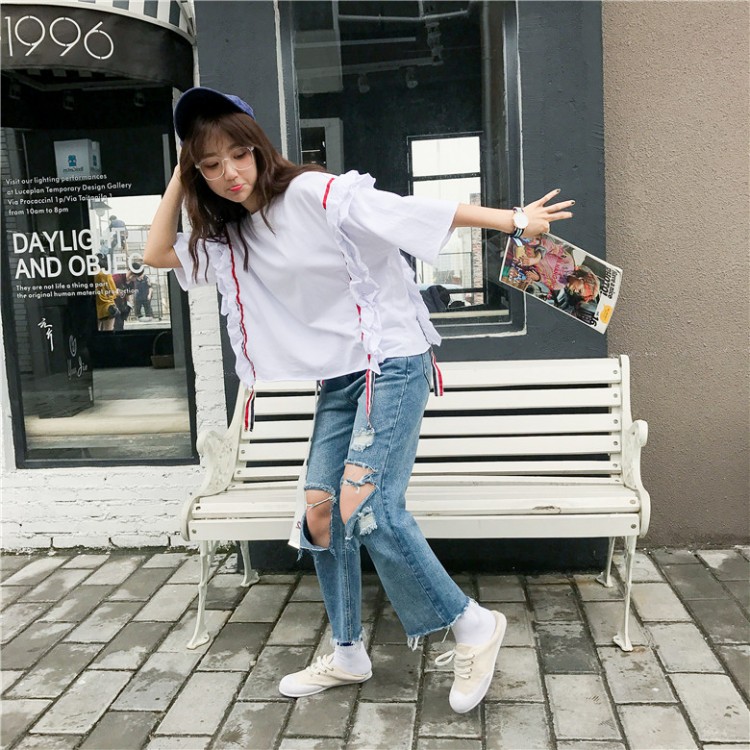 TE9357HLL T-shirt alla moda coreana con balze, collo rotondo e mezza manica-2