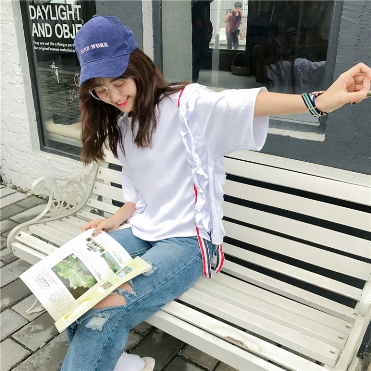 TE9357HLL T-shirt alla moda coreana con balze, collo rotondo e mezza manica-3